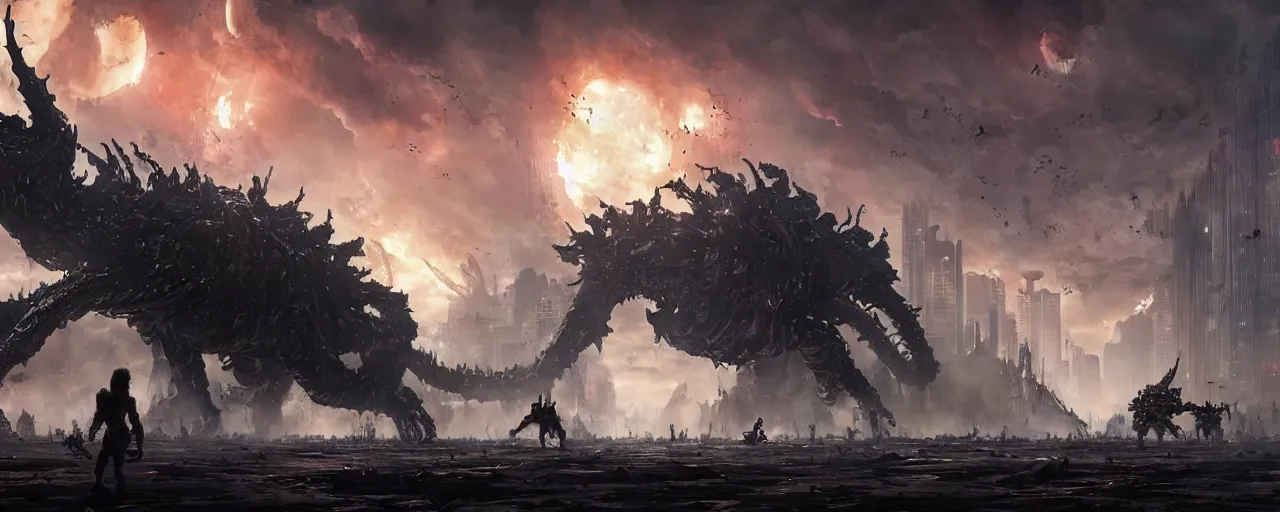 Image similar to a ominous horrific gargantuan gantz berserk creature attacking futuristic downtown toronto, in the style of horizon zero dawn, in war scene, epic scene, big explosions, chaos theory by greg rutkowski, frank frazetta, sharp focus, kentaro miura digital painting, concept art