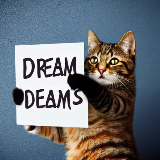 Prompt: realistic high quality photo of a cute cat holding a sign with text that reads : dream cats, dream cats, dream cats