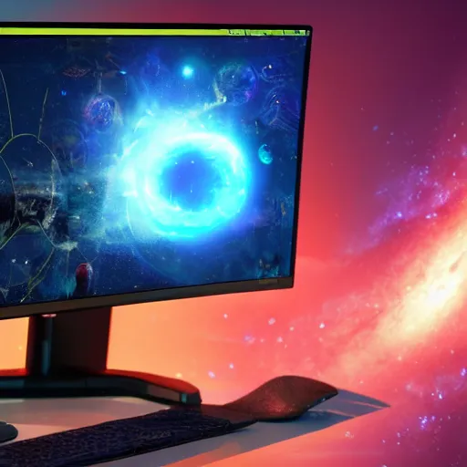 Image similar to a young mage creating a universe in his PC, a male mage in his 20s with black hair sitting in front of wide monitor, a monitor showing the universe creation. hyperrealistic, extremely detailed, award-winning art, trending on Artstation