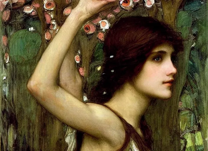 Image similar to a masterpiece painting of a beautiful, lean faerie queen by john william waterhouse, symmetrical, muted colors