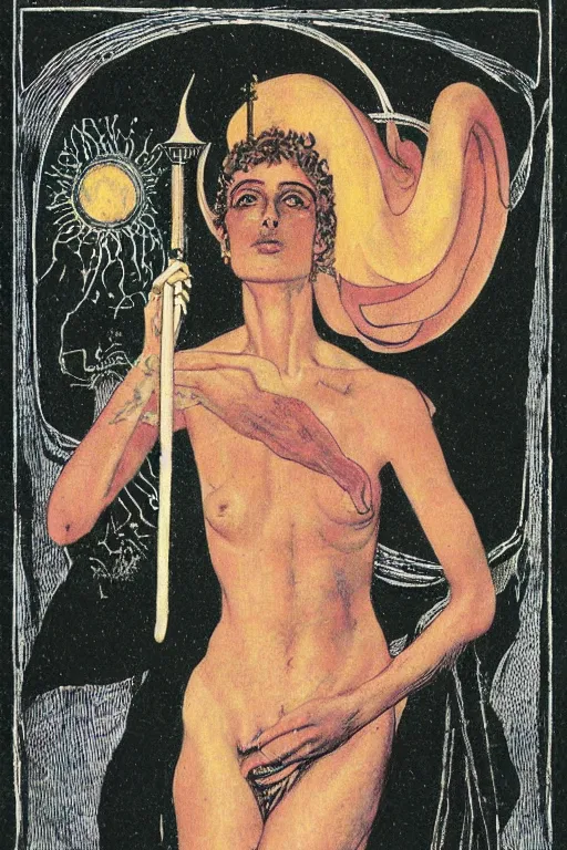 Prompt: psappho playing the arp tarot card by wayne barlowe and austin osman spare