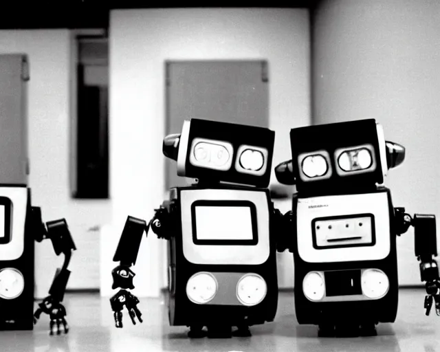 Image similar to middle shot, two robots are in love with each other pose for a photo, circa 1 9 8 4