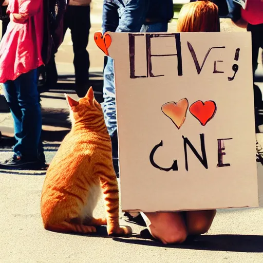 Prompt: orange tabby cat holding a sign that says