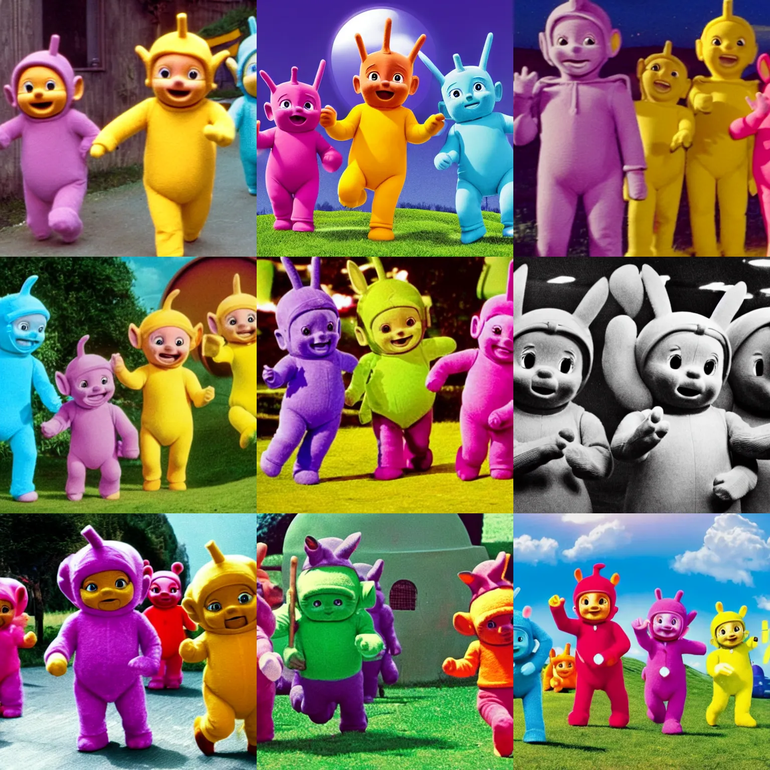 Prompt: Teletubbies leaving the scene of a muder