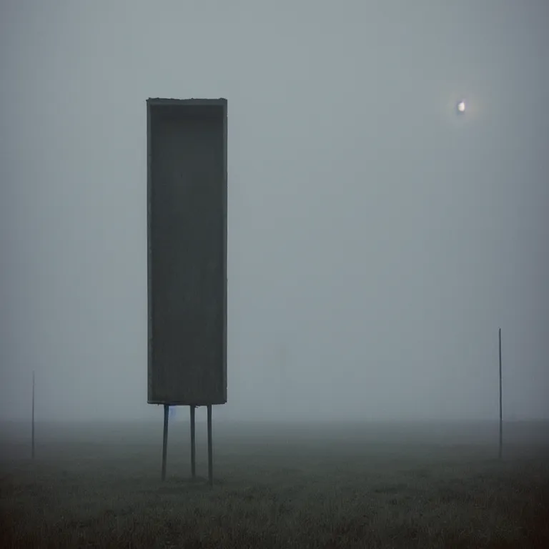 Prompt: the tall thin liminal observer droid by dennis mejillones, in a brutalist yet rural landscape by simon stalenhag, 3 5 mm film photography, dawn, eerie fog