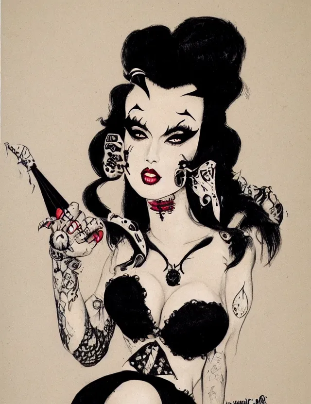 Image similar to of a goth girl burlesque psychobilly, rockabilly, punk, black hair, detailed face, white background, drawing, illustration by frank frazetta