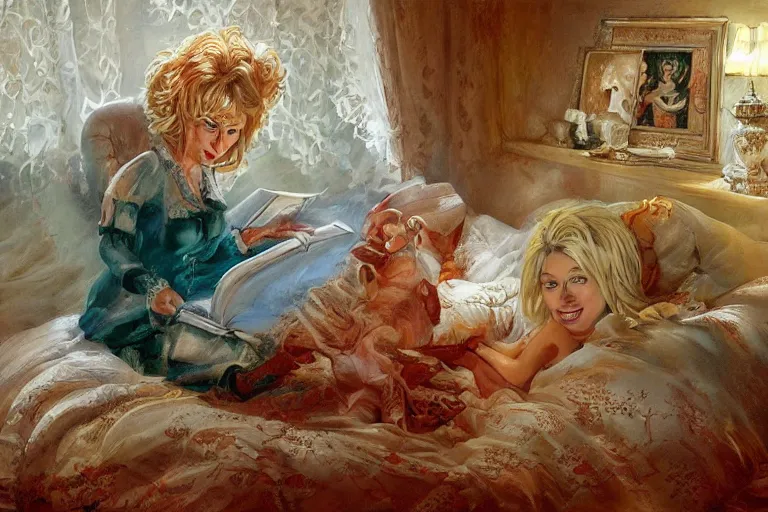 Image similar to portrait of dolly parton reading a bedtime story to jim carrey in bed, an oil painting by ross tran and thomas kincade