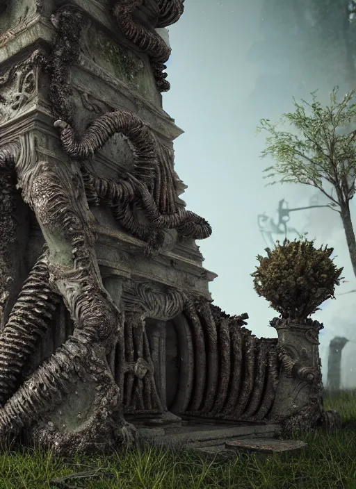 Image similar to ruined ancient lichen covered monument surrounded by biomechanical creatures, ultra realistic, hyper detailed, 8k, octane render