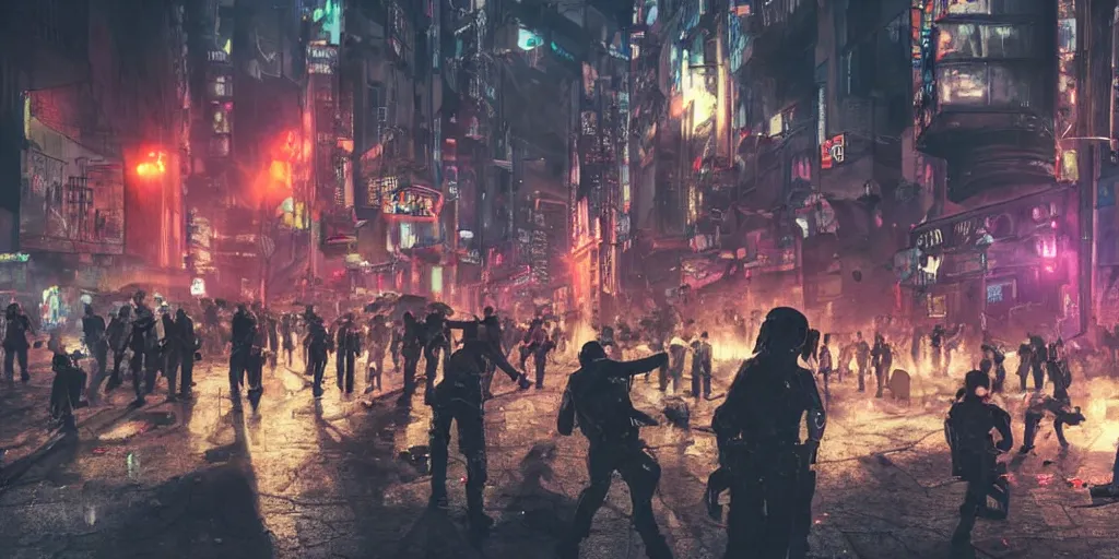 Prompt: very long shot, riot in a cyberpunk city, police use special equipment against the crowd on a square, high detail art, evening, police sirens in smoke, dark environment