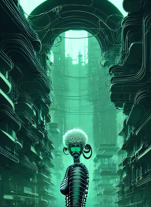 Prompt: highly detailed portrait of a biopunk long curly white hair tribal lady, stray wiring by atey ghailan, james gilleard, by joe fenton, by greg rutkowski, by greg tocchini, by kaethe butcher, 4 k resolution, gradient green, black and white color scheme!!! ( ( green irradiated robotic dystopian city background ) )