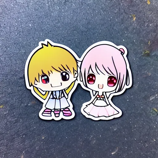 Image similar to die cut sticker of anime chibi kawaii cute boy and girl on beach vacation