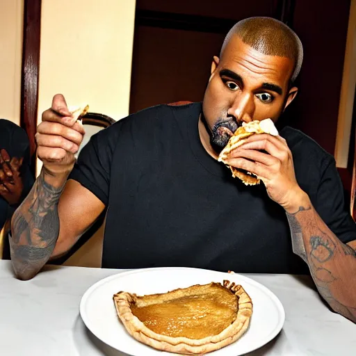 Image similar to bald kanye west eating apple pie on thanksgiving