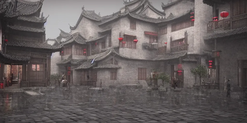 Prompt: medieval chinese city with heavy rain, cinematic, ultra - realistic, ultra - detailed, octane render, unreal engine 5, depth of field