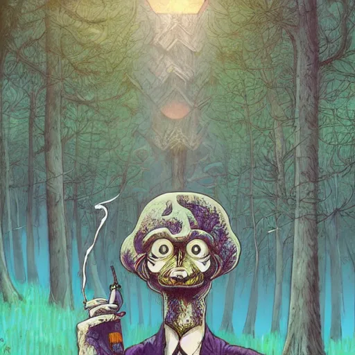 Image similar to a centered chest up portrait of a psychedelic demonic anthropomorphic forest animal in a suit smoking a hand - rolled cigarette smoking heavily, magic mushroom village in background. award winning. superb resolution. in the art style of junji ito and greg rutkowski. detailed mushroom city in background. hyper realistic anime. perfect art. dalle 2