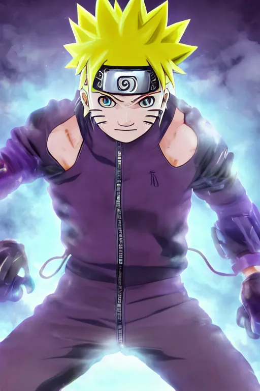 Prompt: close up of a naruto in smooth purple ninja uniform, blue spiked hair, muscular, intense, dramatic pose body of an ultrafine hyperdetailed illustration by kim jung gi, irakli nadar, intricate linework, sharp focus, bright colors, octopath traveler, final fantasy, unreal engine 5, global illumination, radiant light.