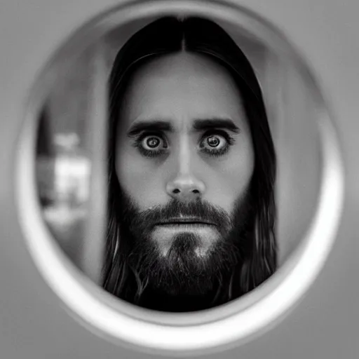 Prompt: photo of jared leto staring at you through a peephole