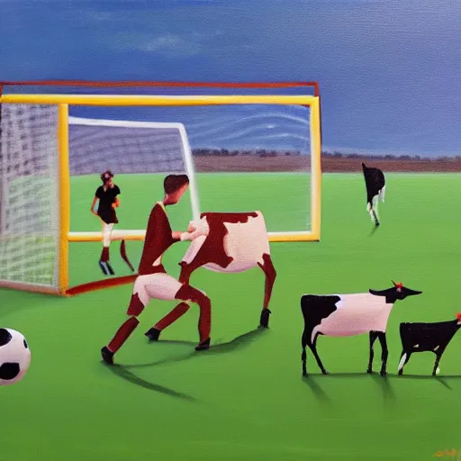 Image similar to painting of soccer game played by cows