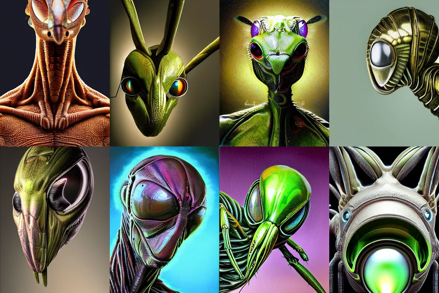 Prompt: organic alien in the form of mantis head, hyperrealism, realistic photo, ultra detailed, surreal, heavy, technology, symmetrical front, dramatic lights