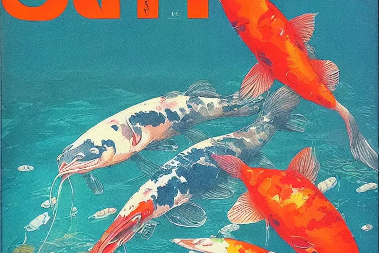 Prompt: 1 9 7 9 omni magazine cover of a pelican case full of koi fish. art in cyberpunk style by vincent di fate