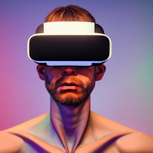 Image similar to Colour Caravaggio and Voxel style full body portrait Photography of Highly detailed Man with 1000 years old perfect face with reflecting glowing skin wearing highly detailed sci-fi VR headset designed by Josan Gonzalez. Many details . In style of Josan Gonzalez and Mike Winkelmann and andgreg rutkowski and alphonse muchaand and Caspar David Friedrich and Stephen Hickman and James Gurney and Hiromasa Ogura. Rendered in Blender and Octane Render volumetric natural light