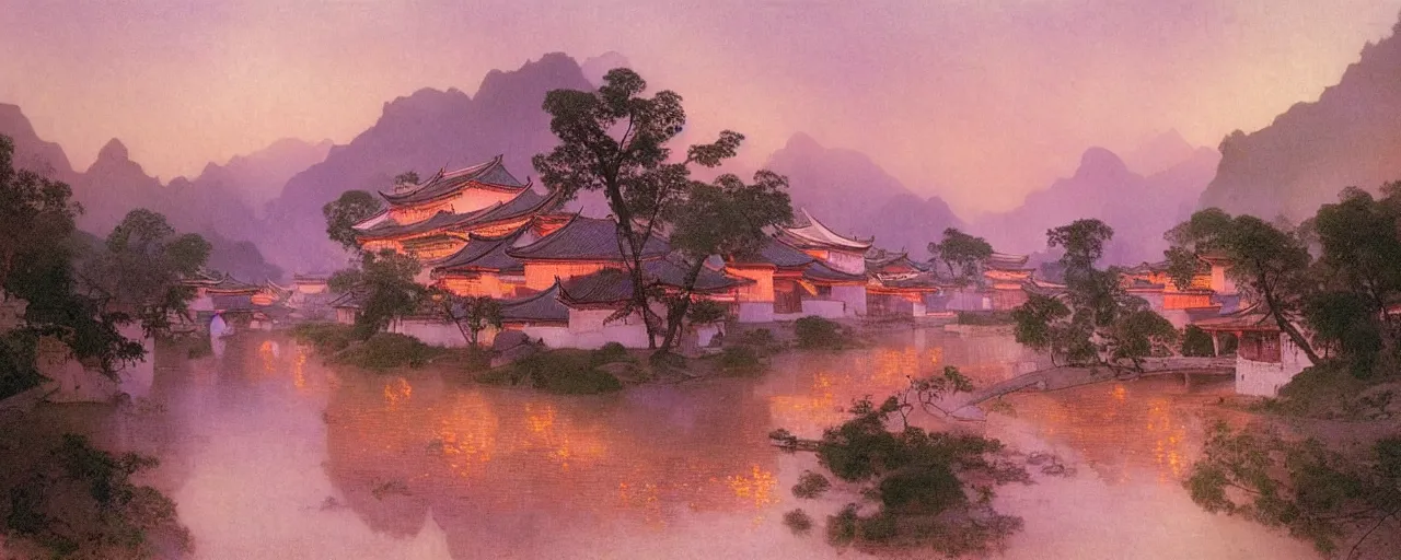 Prompt: a beautiful painting of an ancient chinese town nearby a small river in the evening by alfons maria mucha and ivan aivazovsky, ultra detailed, volumetric lighting, pink vibe