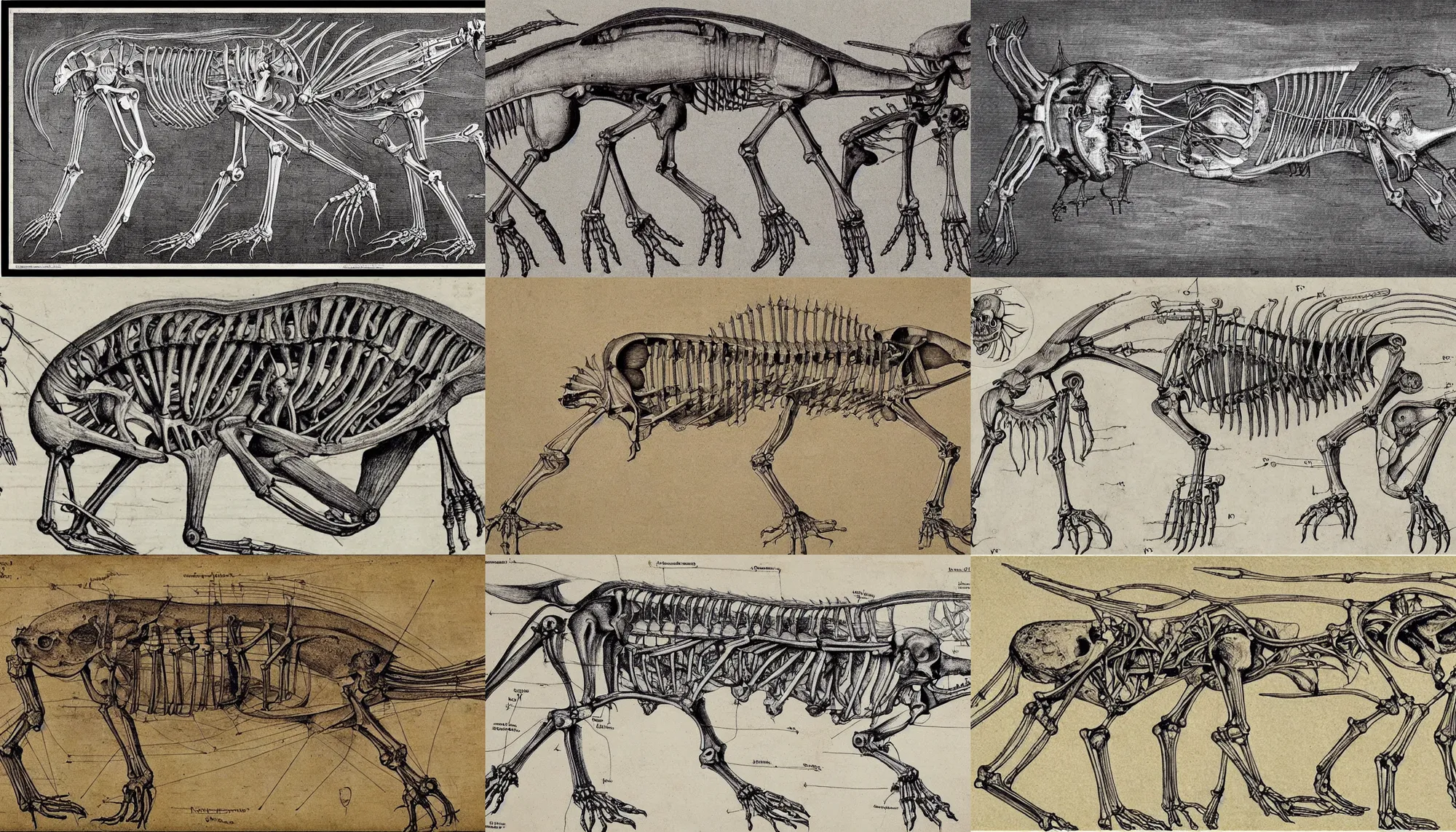 Prompt: Schematic representation of anatomical skeletal structures of fish - dog hybrids, highly detailed, drawn by Leonardo da Vinci