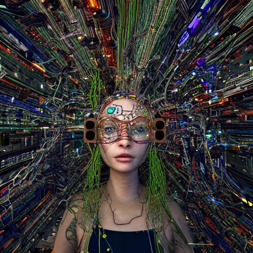 Image similar to deeper into the metaverse we go, piles of modular synth cables mixed with roots, puerto rican goddess swimming up wearing a headpiece made of circuit boards, by cameron gray, wlop, stanley kubrick, masamune, hideki anno, jamie hewlett, unique perspective, trending on artstation, 3 d render, vivid