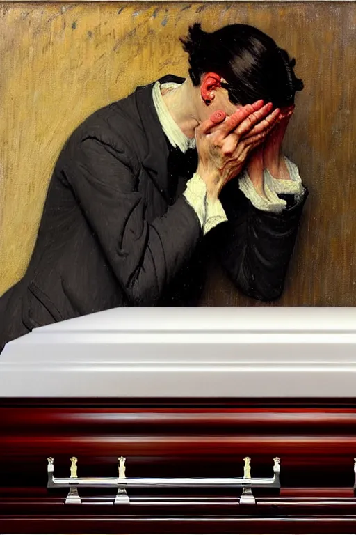 Prompt: a sad man mourning over a casket by sydney prior hall and alfred stevens and sherree valentine daines and norman rockwell, mahogany casket, grey cloth, highly detailed, deep shadows, accurate face, hyperrealism