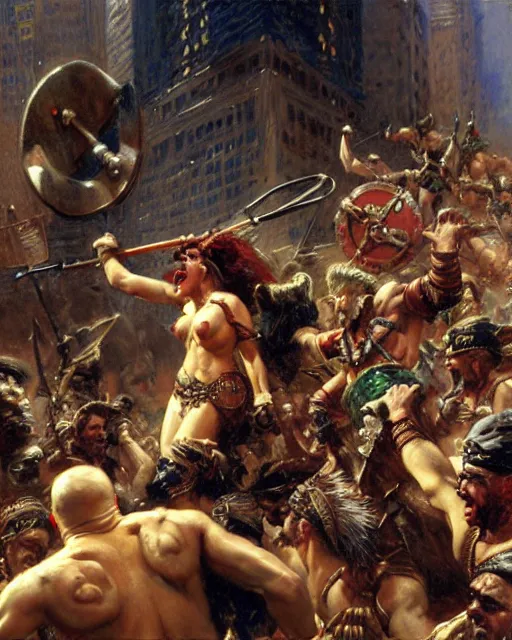 Image similar to a fierce barbarian yelling at stock brokers on wall street, painting by gaston bussiere, craig mullins, j. c. leyendecker