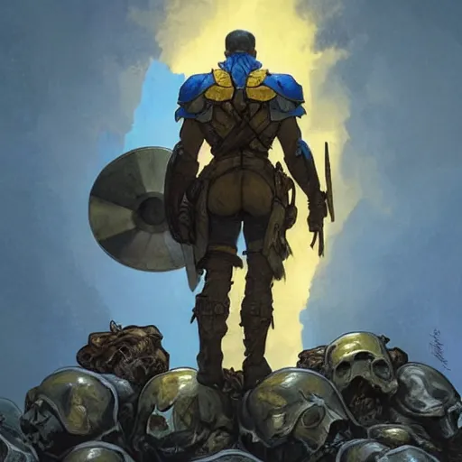 Prompt: a distant shot of a super soldier with blue and yellow flag on his back standing on a pile of skulls, western, D&D, fantasy, intricate, elegant, highly detailed, digital painting, artstation, concept art, matte, sharp focus, illustration, art by Artgerm and Greg Rutkowski and Alphonse Mucha