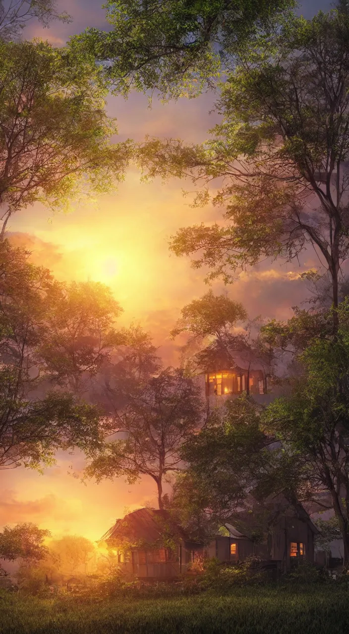 Image similar to a dreamy sunset in the big forest with houses, highly detailed, illustration