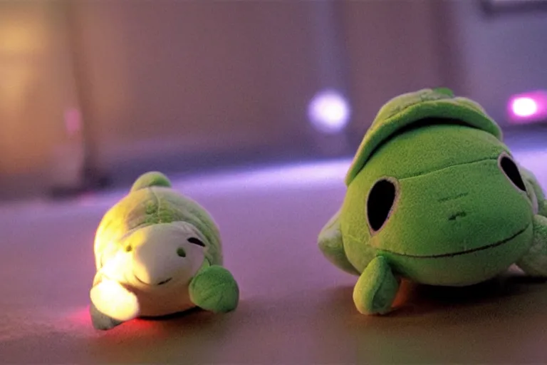 Prompt: turtle plushie in cyberspace, in 2 0 5 5, y 2 k cybercore, industrial low - light photography, still from a ridley scott movie