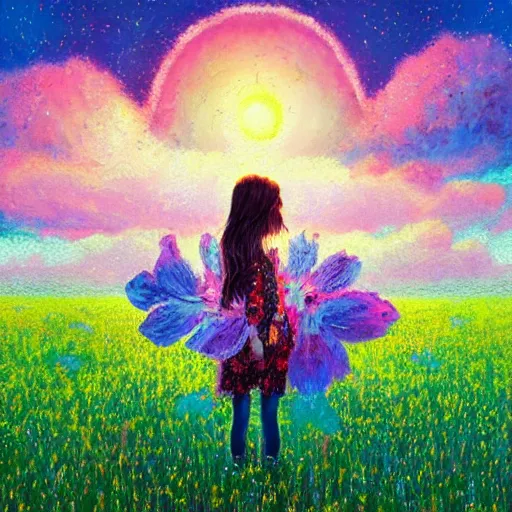 Image similar to girl with giant flower as a face and flower dress, standing in a flower field hills, big trees, sunrise dramatic light, impressionist painting, colorful clouds, digital painting, pointillism, artstation, simon stalenhag