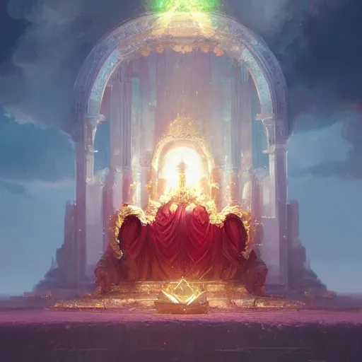 Prompt: a throne in heaven. On the throne sat someone who shone like a diamond or a ruby. Around the throne, a rainbow shone like an emerald. ,digital Art, hiperrealist Detailed, cinematographic, artstation Greg rutkowski