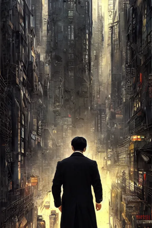 Prompt: Movie poster featuring a young salaryman in a black trench coat walking into through the distorted city, ultra-detailed digital art, Inception-inspired, highly detailed, digital painting, artstation, concept art, smooth, surrounded by a futuristic fantasy background, sharp focus, illustration, art, symmetry masterpiece by greg rutkowski and stephan martiniere