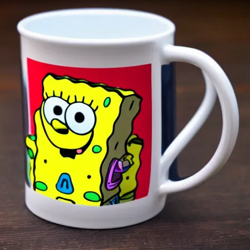 Prompt: a photograph of a mug with spongebob square pants