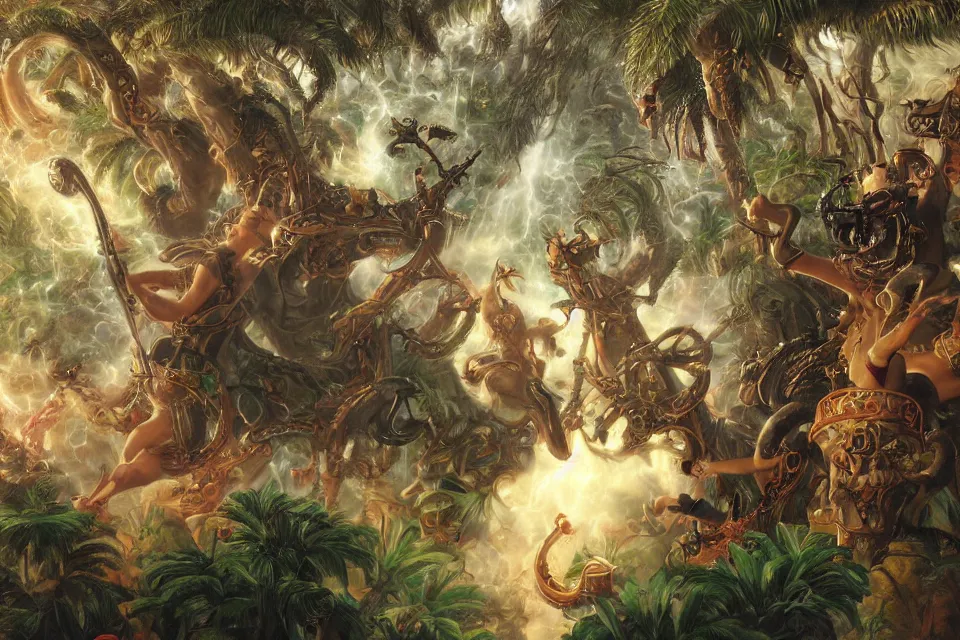 Prompt: an extreme close - up of jack black wearing gothic helmets playing with a giant insect surrounded by saxophones, palm trees, jungle fruit, volumetric light caustics kim keever clouds of pigment smoke, by hajime soryama, boris vallejo, bouguereau