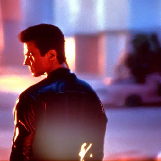 Image similar to cinematic still from terminator 2 : judgement day with the terminator played by sylvester stallone, movie still, long lens, shallow depth of field, bokeh, anamorphic lens flare, 8 k, hyper detailed, 3 5 mm film grain
