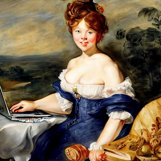 Prompt: heavenly summer sharp land sphere scallop well dressed lady looking at her laptop while drinking a starbucks coffee auslese, by peter paul rubens and eugene delacroix and karol bak, hyperrealism, digital illustration, fauvist