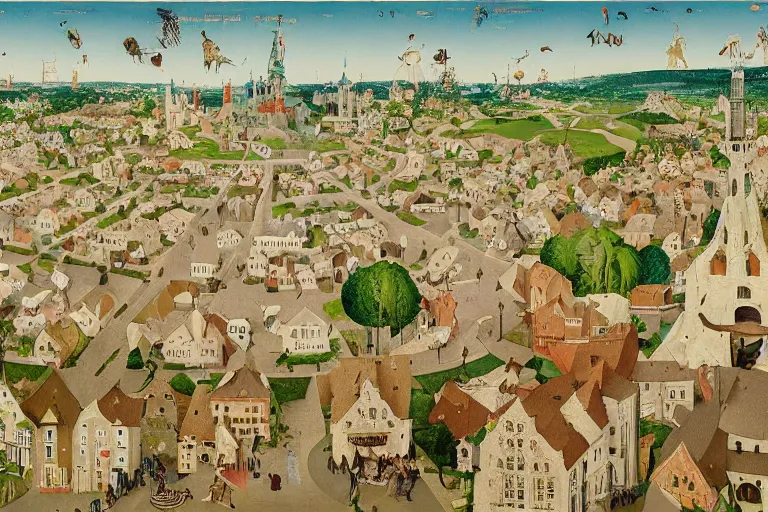 Prompt: an elaborate and dense low angle painting of a peaceful neighborhood, detailed, made of alcohol ink on parchment and penned illustrations, by wes anderson and hieronymus bosch and geoff darrow