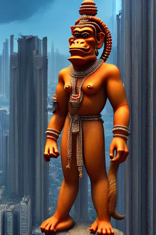 Image similar to high quality 3 d cyberpunk biomorphic hanuman! monument & buildings in mumbai!!, highly detailed, cinematic smooth, stephen shore & john j. park, soft morning light, wide shot, high angle, uhd 8 k, sharp focus