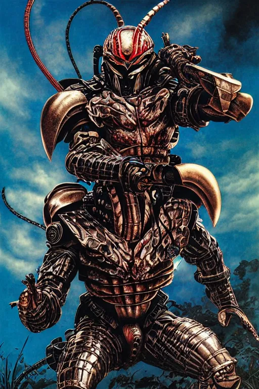 Image similar to poster of the predator with japanese armor and helmet, by yoichi hatakenaka, masamune shirow, josan gonzales and dan mumford, ayami kojima, takato yamamoto, barclay shaw, karol bak, yukito kishiro