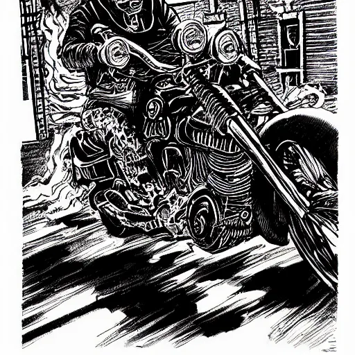 Image similar to hells angel biker riding through a burning street, intricate ink drawing, highly detailed in the style of jamie hewlett