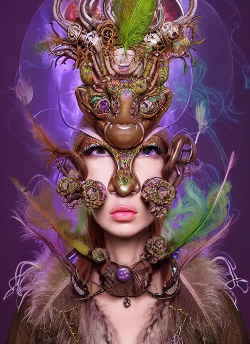 Prompt: 3 d goddess medium shot half - turn portrait with futuristic rococo mycorrhizal fungal implants. beautiful intricately detailed avante garde chameleon mask and alchemical feather and fur sorceress outfit. bioluminescent highlights, polyphony, pulse projections, plasma, creature, artwork by tooth wu and wlop and android jones and beetle and greg rutkowsk