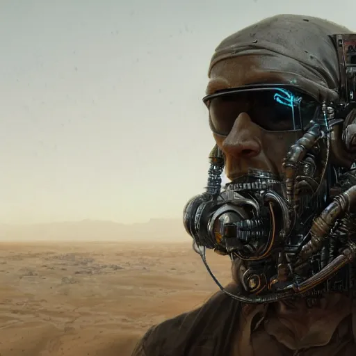 Prompt: a half - masked rugged engineer man with cybernetic enhancements lost in the desert, scifi character portrait by greg rutkowski, esuthio, craig mullins, 1 / 4 headshot, cinematic lighting, dystopian scifi gear, gloomy, profile picture, mechanical, half robot, implants, steampunk