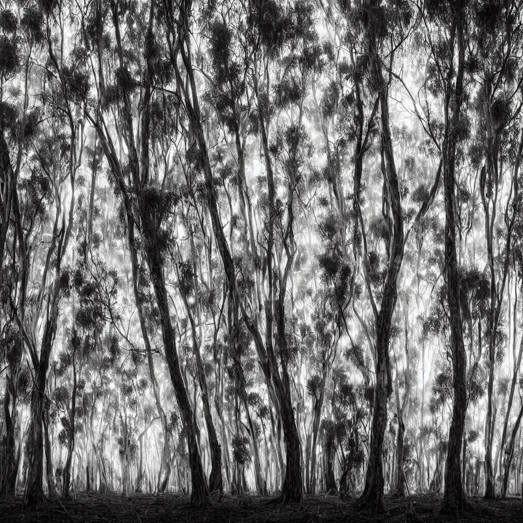 Image similar to long exposure photograph of eucalyptus trees moving by a strong wind, back light, sony ar 7 ii, photographed by trent parke