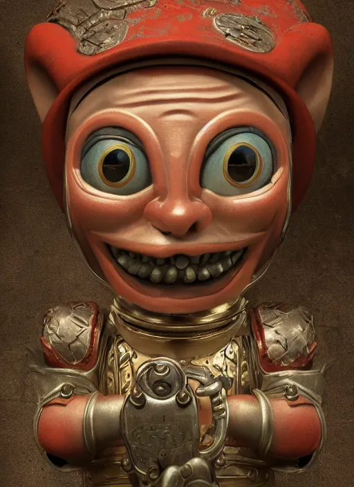 Image similar to closeup portrait of a tin toy mediedval goblin, depth of field, zeiss lens, detailed, symmetrical, centered, fashion photoshoot, by nicoletta ceccoli, mark ryden, lostfish, earl nore, hyung tae, frank frazetta, breathtaking, 8 k resolution, extremely detailed, beautiful, establishing shot, artistic, hyperrealistic, octane render