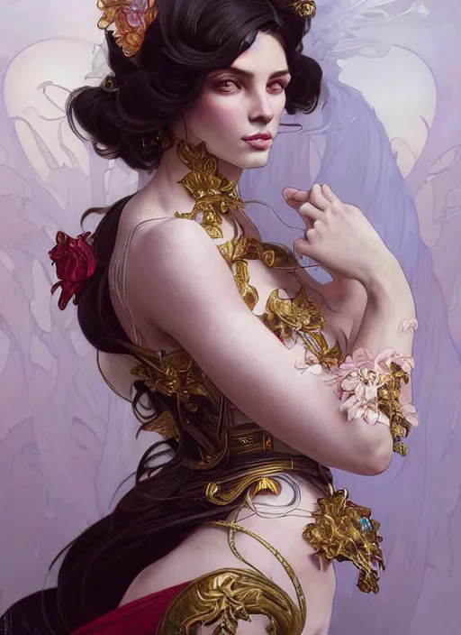 Prompt: portrait of a beautiful female wearing a fashion costume From Couture, upper and lower body, D&D, fantasy, intricate, elegant, highly detailed, digital painting, artstation, concept art, smooth, sharp focus, illustration, art by artgerm and greg rutkowski and alphonse mucha