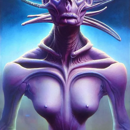 Prompt: a fantasy style portrait painting of an extremely beautiful alien with a futuristic background and dramatic lighting oil painting unreal 5 daz. rpg portrait, extremely detailed wayne barlowe michael whelan artgerm greg rutkowski greg hildebrandt tim hildebrandt michael whelan h r giger moebius