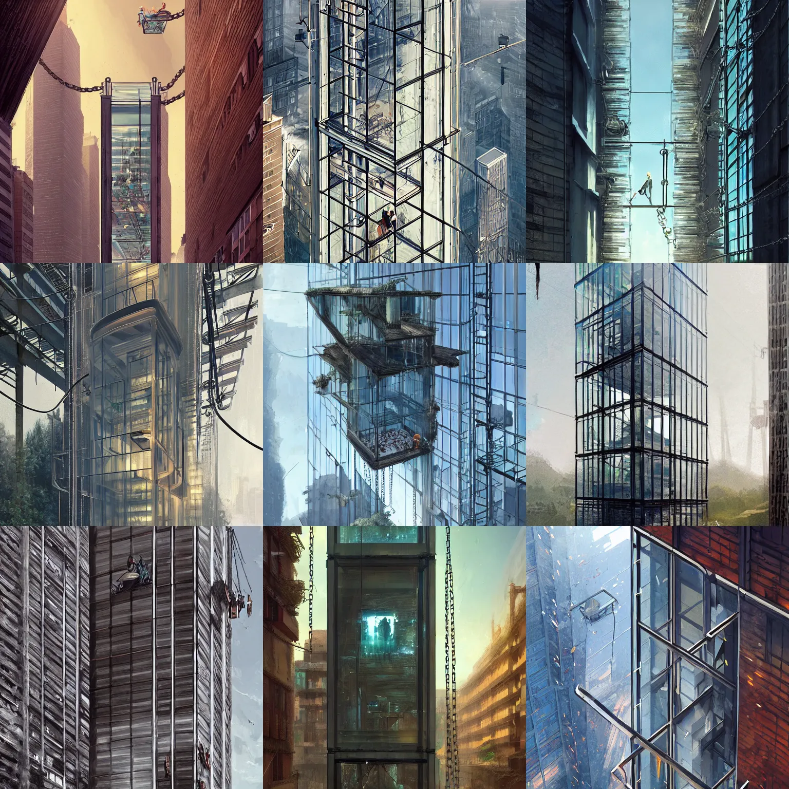 Prompt: glass elevator cabin hanging by a chain. dynamic perspective. urban, detailed digital art trending in artstation, artworks by greg rutkowski